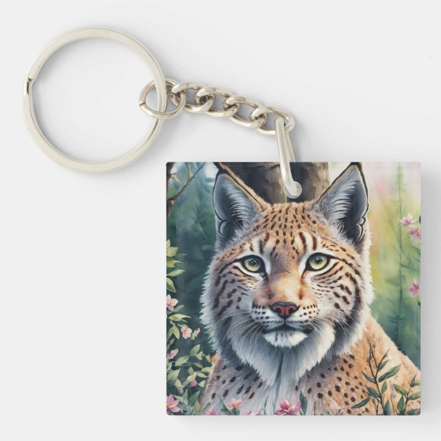 Lynx Watercolor Painting Floral Feline Art Key Ring (Front)