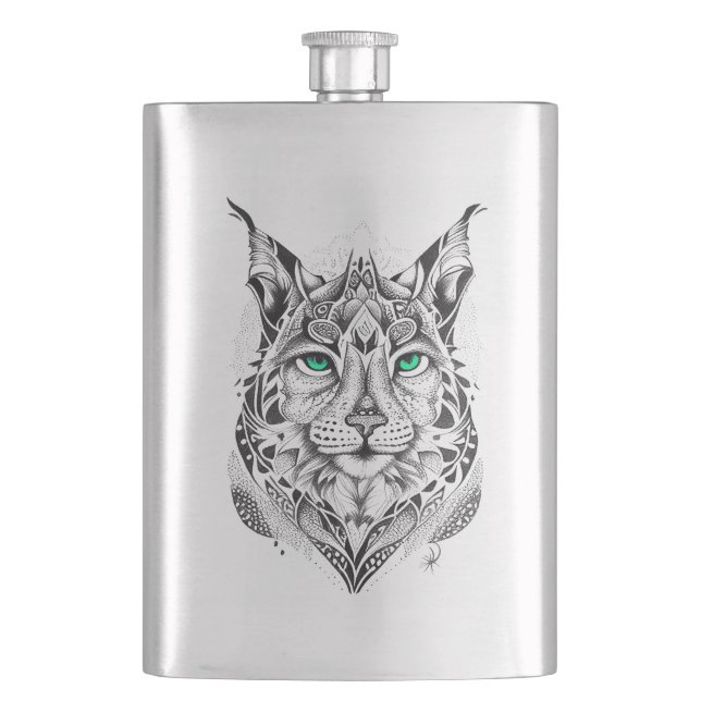 Lynx Wild Animal Nature Illustration Art Tattoo Hip Flask (Front)