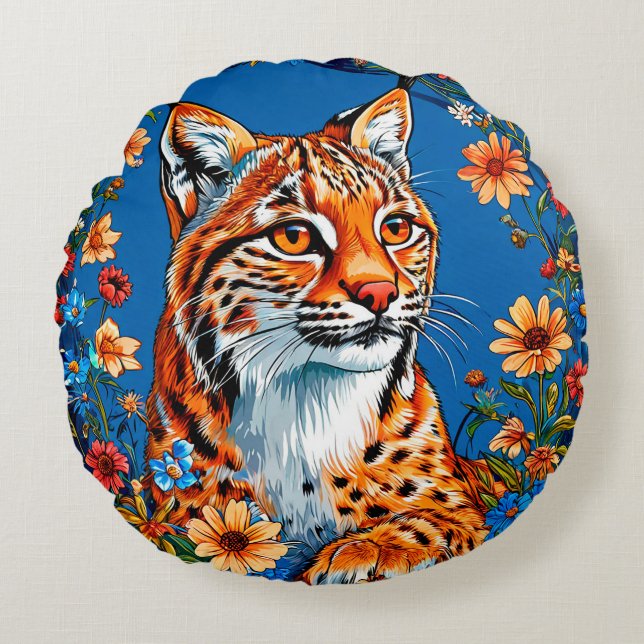 Lynx with vibrant orange fur round cushion (Front)