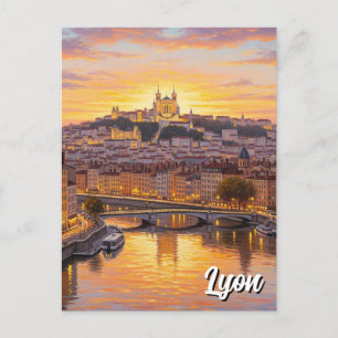 Lyon France Basilica Sunset Travel Postcard