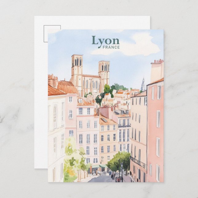 Lyon France Gouache Paint Illustration Travel Postcard (Front/Back)