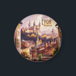 Lyon France Travel Vintage Watercolor Cityscape Magnet<br><div class="desc">Lyon France is a famous European travel destination known for the beautiful Basilica of Notre-Dame de Fourviere, narrow Old Town streets, and classic historic landmarks. This vintage watercolor cityscape captures the French city right at sunset, when the light turns the romantic sky soft purple and the old terracotta rooftops glow...</div>