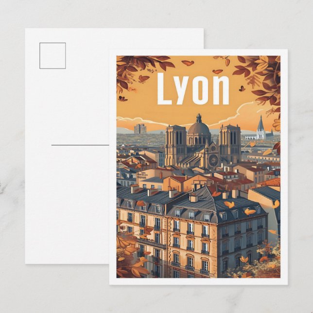 Lyon France Vintage Art Travel Illustration Postcard (Front/Back)