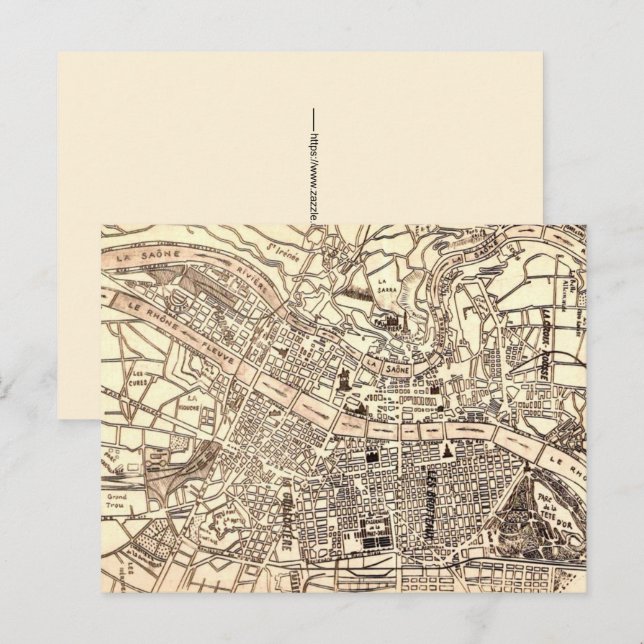 Lyon France Vintage Map Postcard (Front/Back)