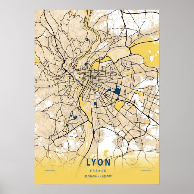 Lyon - France Yellow City Map Poster (Front)