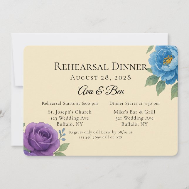 Lyons Blue & Fig Purple Peony Rehearsal Dinner Invitation (Front)