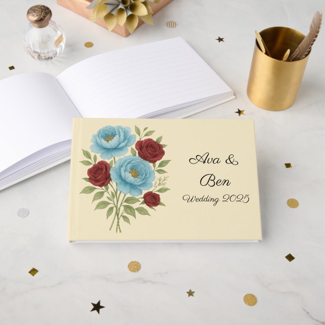 Lyons Blue Peony and Fig Purple Rose Wedding Guest Book (Front Open)
