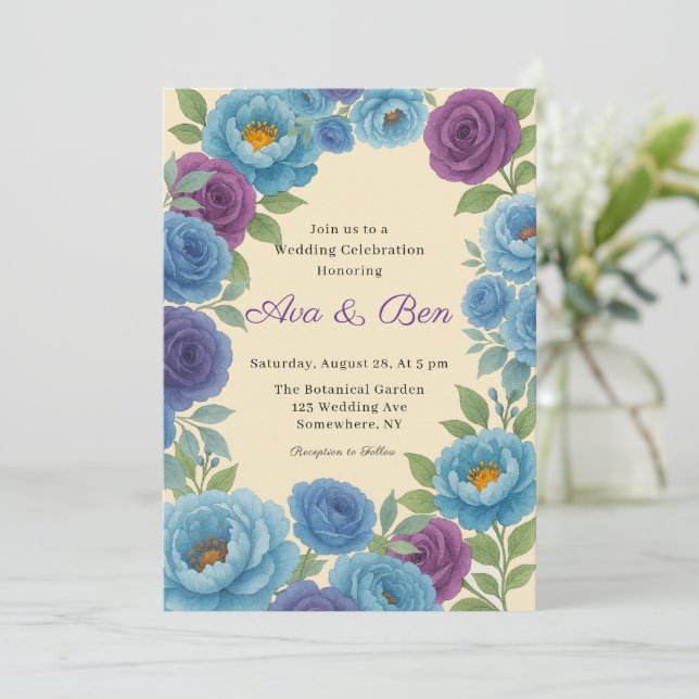 Lyons Blue Peony & Fig Purple Rose Wedding Invitation (Standing Front)