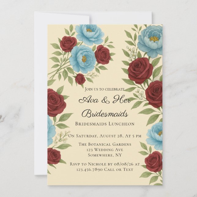 Lyons Blue Peony & Red Roses Bridesmaids Luncheon Invitation (Front)