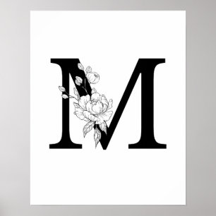 M botanical monogram. Letter initial with peonies Poster