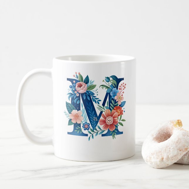 'M' decorative floral monogram Coffee Mug (With Donut)