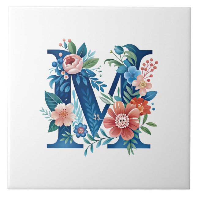 'M' decorative floral monogram Tile (Front)