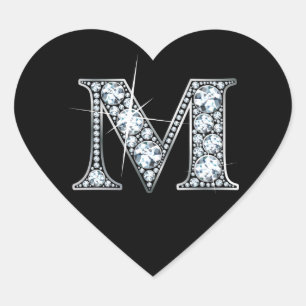 "M" Diamond Bling on Black Heart Sticker
