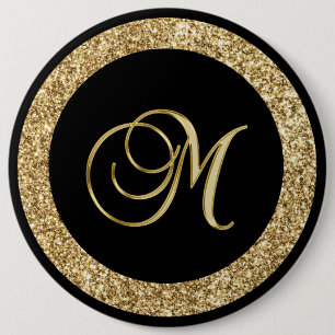 M gold monogram on black 6 cm round badge