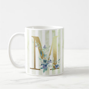 M, golden initial on blue and white stripes coffee mug