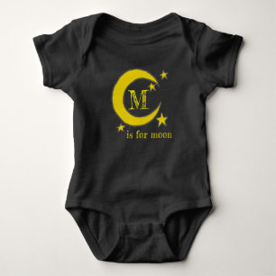 M is for Moon Yellow Crescent Night Sky Stars ABCs Baby Bodysuit