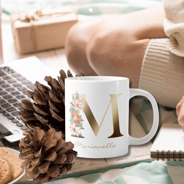 M Letter Gold Monogram Burnt Orange Florals Large Coffee Mug (Creator Uploaded)