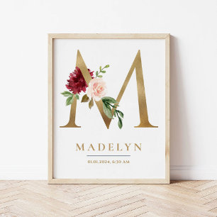 M Letter Monogram Name Marsala Floral Nursery Poster