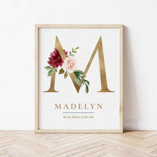 M Letter Monogram Name Marsala Floral Nursery Poster (Creator Uploaded)