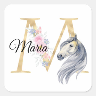 M letter personalised name monogram with horse square sticker