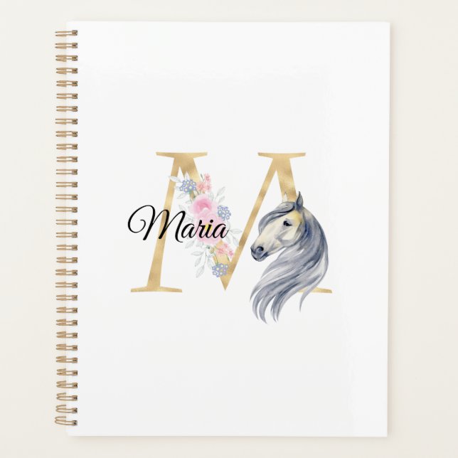 M letter personalized name monogram with horse  planner (Front)