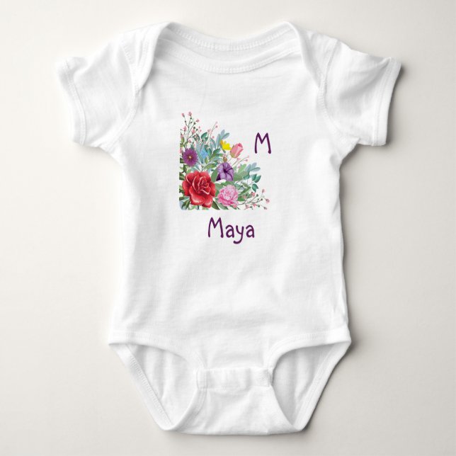 M Maya Personalise Initial Name, Rose Flowers Baby Bodysuit (Front)