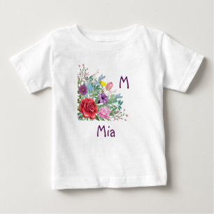 M Mia Personalise Letter Name, Rose Flowers Baby T-Shirt