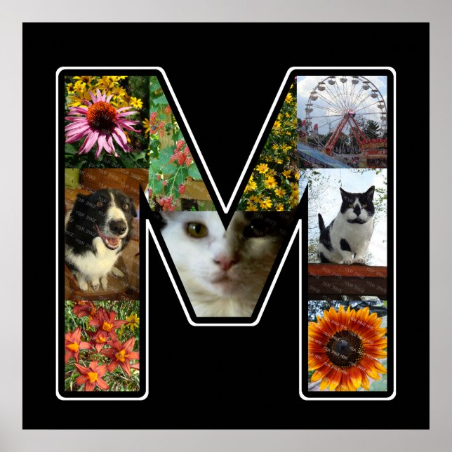 M Monogram Create Your Own 9 Photo Collage Black Poster (Front)