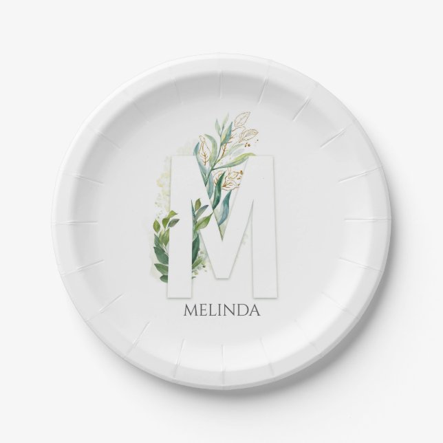 M Monogram Gold Greenery Leaves Elegant Name Paper Plate (Front)
