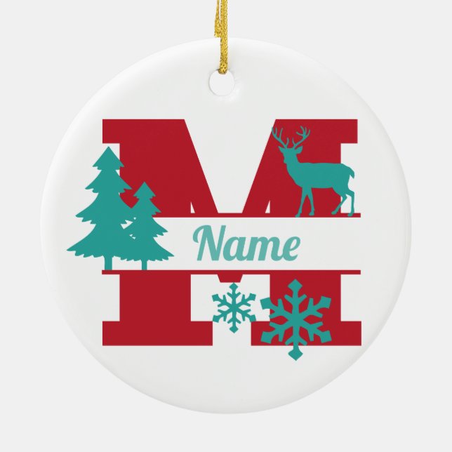 M Monogram Initial Christmas Holiday Tree Ornament (Back)