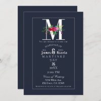 M Monogram Last Initial Modern Blue Floral Wedding