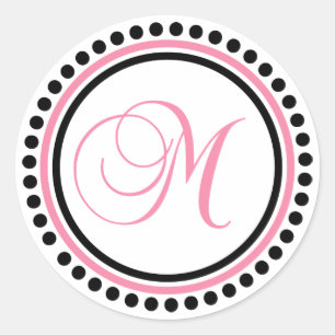 M Monogram (Light Pink / Black Dot Circle) Classic Round Sticker