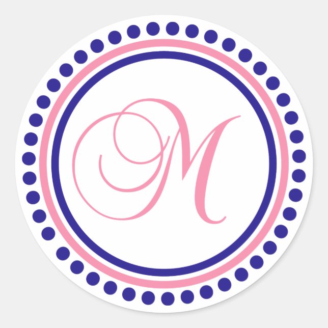 M Monogram (Navy Blue / Pink Dot Circle) Classic Round Sticker (Front)