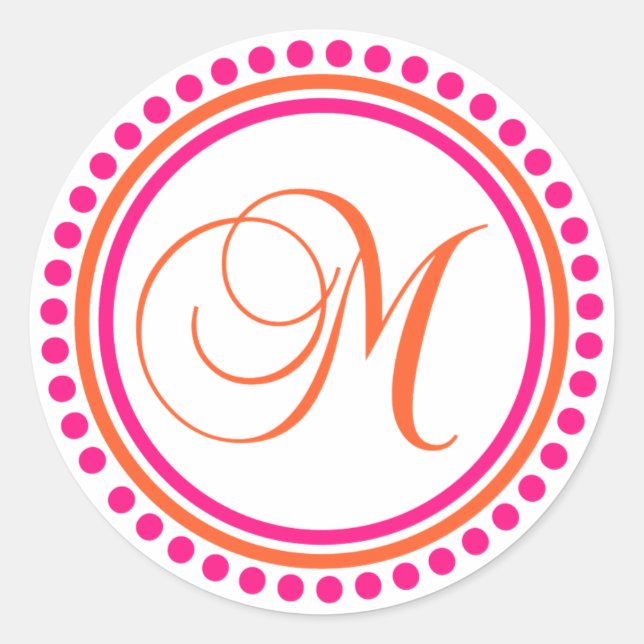 M Monogram (Pink / Orange Dot Circle) Classic Round Sticker (Front)