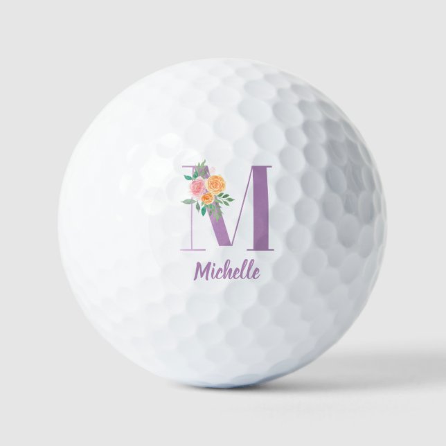 M Monogram Purple Floral Watercolor Personalised Golf Balls (Front)