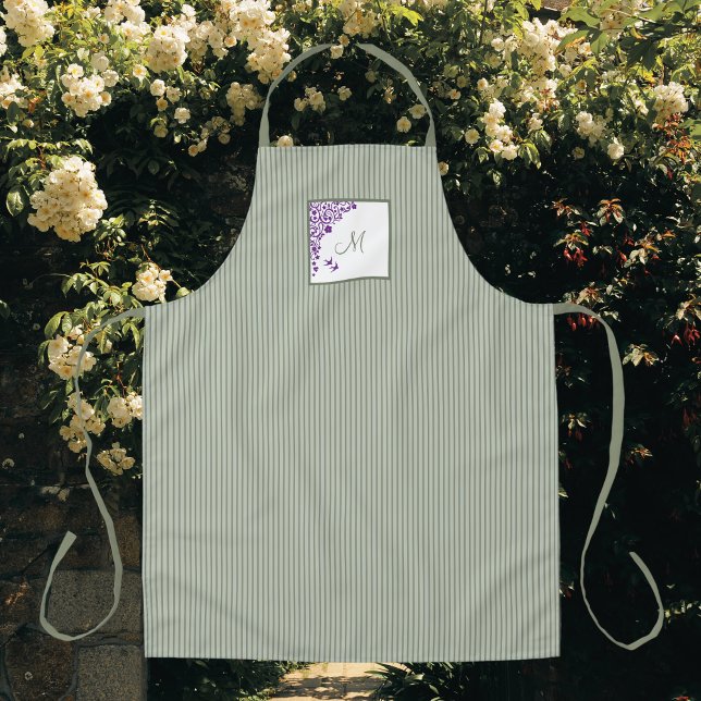 M Sage Green Stripe Purple Floral Script Monogram  Apron (Creator Uploaded)