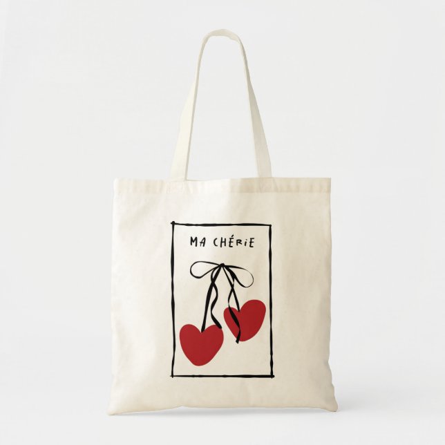 Ma Chérie Romantic Tote Bag | Minimal Heart Cherry (Front)