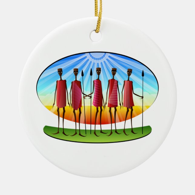 Maasai Men with Spears Kwanzaa Ceramic Tree Decoration (Front)