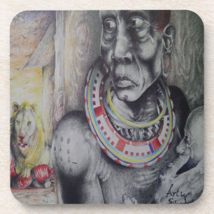 Maasai Mother and Child with Lion Art Print/Graphi Coaster