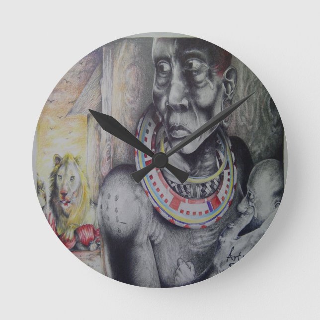 Maasai Mother and Child with Lion Art Print/Graphi Round Clock (Front)