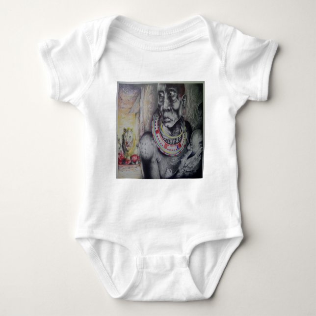 Maasai Mother & Child with Lion Art Print/Graphic Baby Bodysuit (Front)