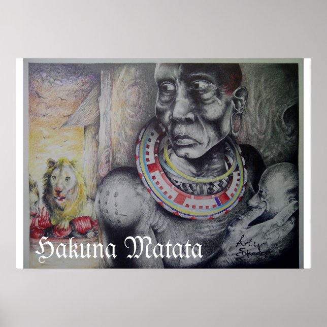 Maasai Mother & Child with Lion Art Print/Graphic Poster (Front)
