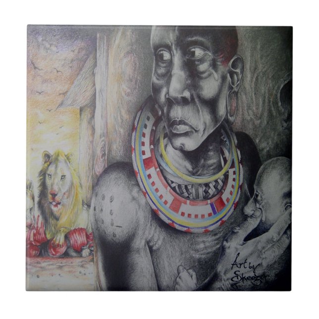 Maasai Mother & Child with Lion Art Print/Graphic Tile (Front)