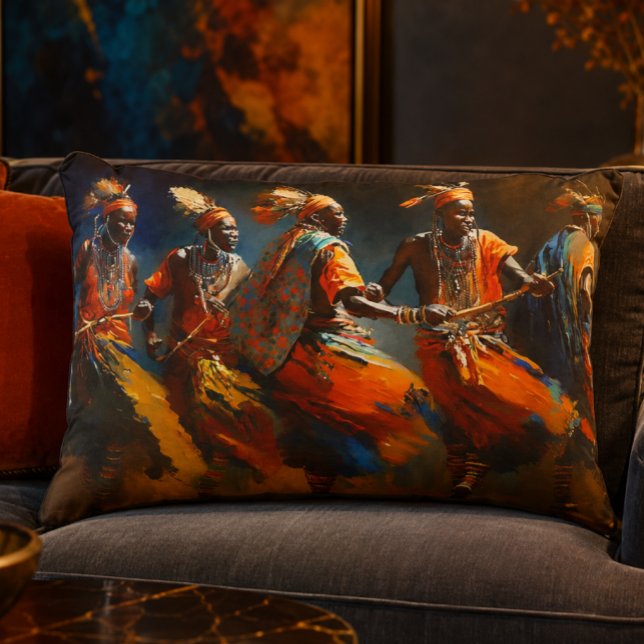 Maasai Warriors Brushed Polyester Accent Pillow (African Wall Art | Maasai Warrior Dance Oil Painting | African Cultural Decor Print Pillow)
