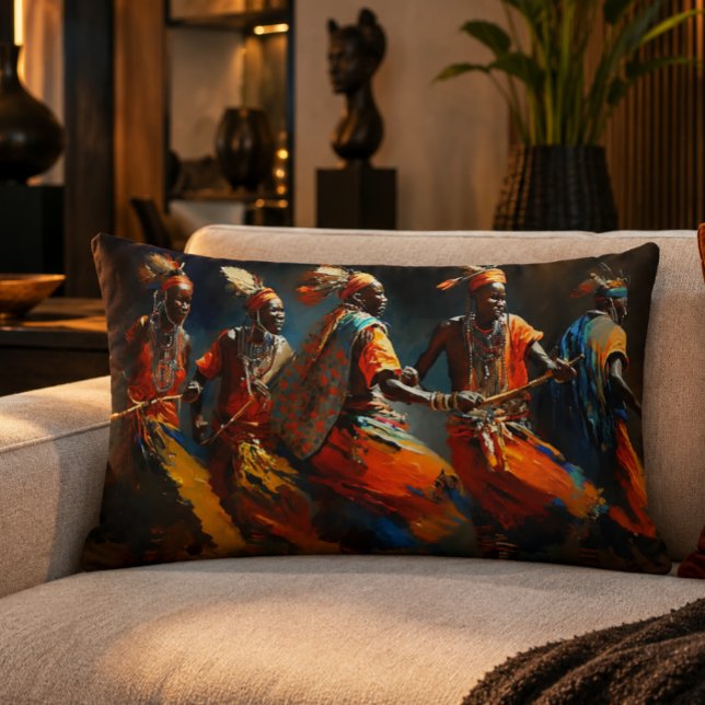 Maasai Warriors Luxury Lumbar Accent Pillow (African Wall Art | Maasai Warrior Dance Oil Painting | African Cultural Decor Print )