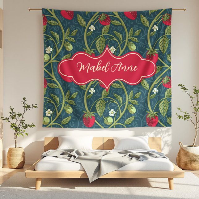 Mabel Anne Dark Blue Strawberry Vine Fleece Blanket (detail)