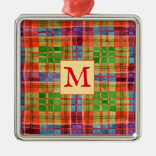 MAC RAE TARTAN Glass Square Ornament + Initial (Front)