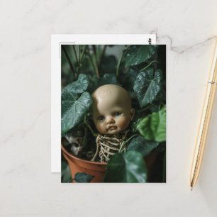 Macabre Doll and Bones in a Plant Postcard