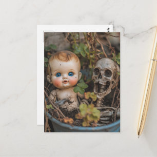 Macabre Doll and Skeleton in a Plant Postcard