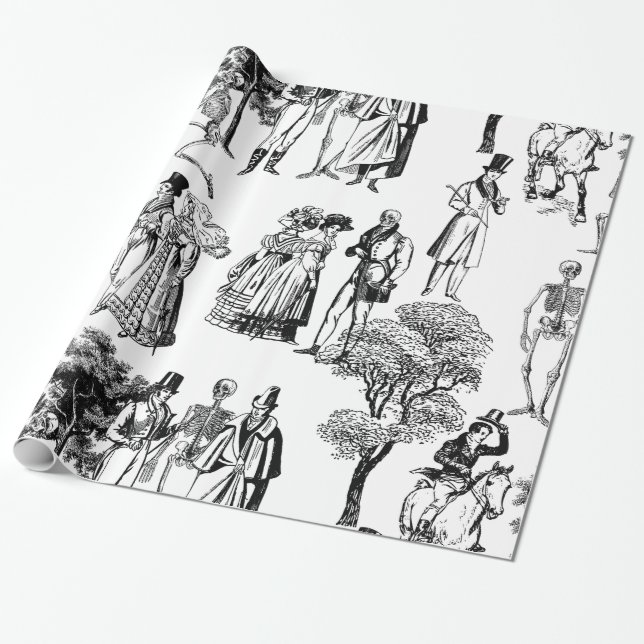 macabre halloween regency skeleton toile wrapping paper (Unrolled)